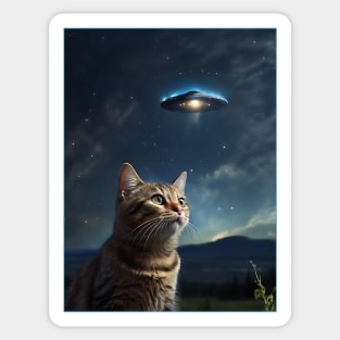 Cat with UFO Alien Sticker